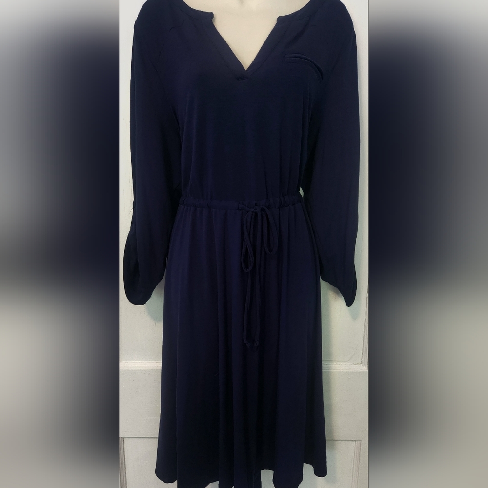 Torrid Plus Size 2 Navy Blue Dress Open Back Tie Front Button Sleeve NWOT